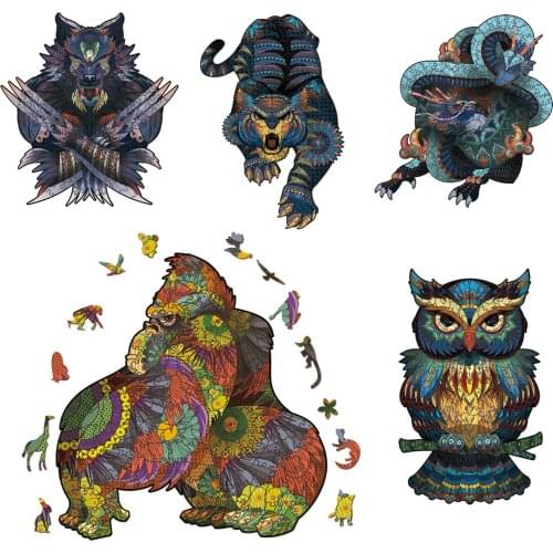Wooden Mysterious Jigsaw Puzzle Animal Shape Suzaku Gorilla Owl Wolf Unique Interactive Puzzles Toy For Kids Educational Gift