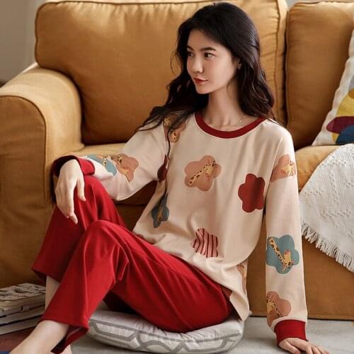 Loungewear Home Wear Soft Sweet Cute Pijama Round Neck Sleepwear 2PC Cartoon Cotton Women Pajamas Set Autumn Spring Pyjamas