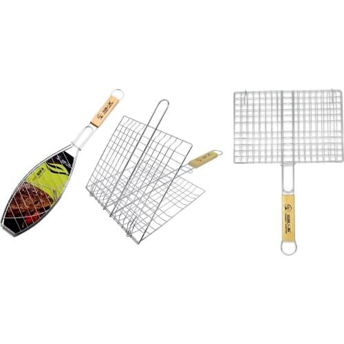 Stainless Steel Grill Basket Barbecue Grill Basket with Wooden Handle for Meat