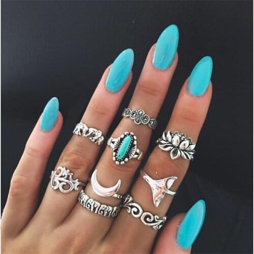 HI MAN 9Pcs/Set European Mixed Elephant Fishtail Lotus Moon Ring Women Personality Vintage Banquet Jewelry Accessories