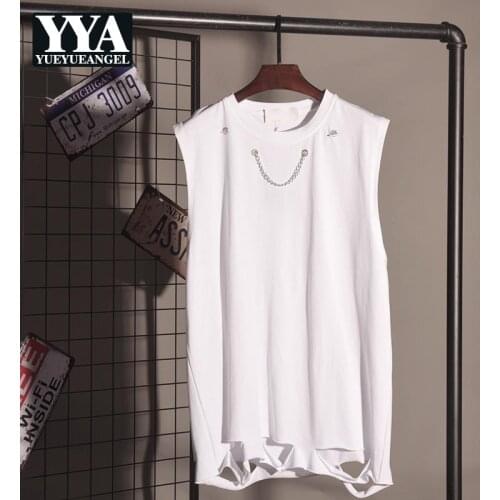 Summer High Street Loose Fit Tank Tops Men Hole Ripped Solid Color Chains Vest Round Neck Casual Pullover Sleeveless T Shirt