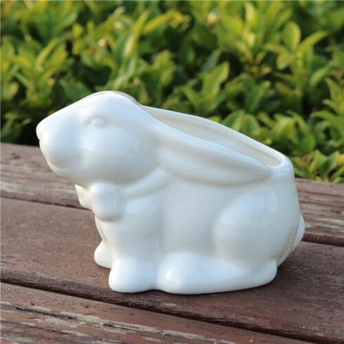 Cute Ceramics Rabbit Figurine Flower Planter Ornamental Porcelain Bunny Statue Pot Flower Craft for Home and Office Desk Decor