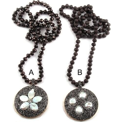 Fashion Bohemian Tribal Jewelry 5x8 Crystal Glass Long Knotted Beads Circle Pendant Pearl Retro Necklaces