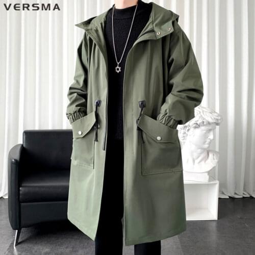 VERSMA British Classic Style Long Punk Rock Mens Overcoat Hip Hop Streetwear Gothic Hooded Vintage Windbreaker Men Trench Coats
