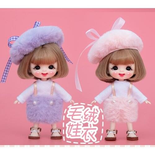 OB11 doll dress Fashion white round collar bottom dress + pink suspander skirt + bow hat new three-piece set of pink and purple