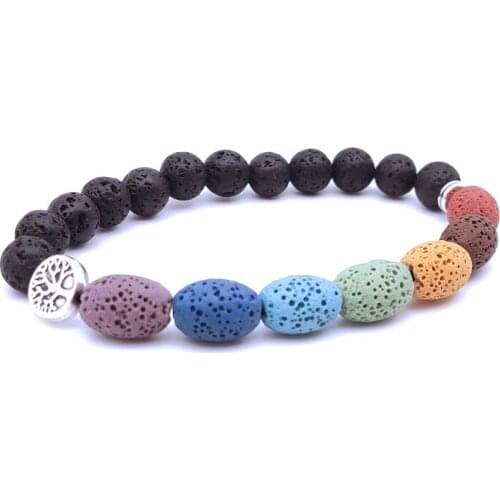 Women Men Healing Seven Chakras Bracelet Tree of Life Oval Colourful Lava Stone Black Beads Buddha Yoga Strand Jewelry