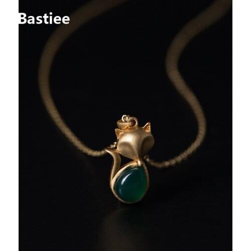 Bastiee Fox Necklace Pendant Green Chalcedony Silver 925 Jewelry For Women Fox Link Chain Chinese Vintage Gold Plated