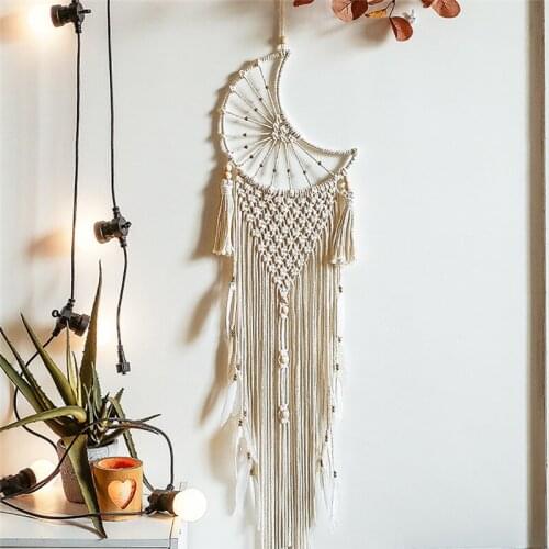 Handmade Moon Woven Wall Hanging Owl Macrame Feather Angels Wing Tapestry For Home Wall Bedroom Decoration