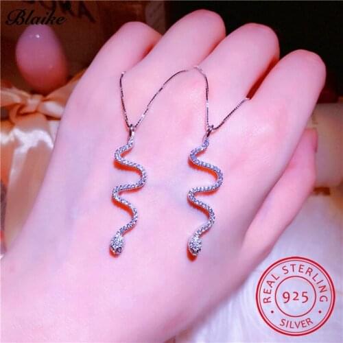 Real s925 Sterling Silver Snake Pendant Wave Necklaces For Women White Zircon Bridal Wedding Clavicle Necklace Fine Jewelry