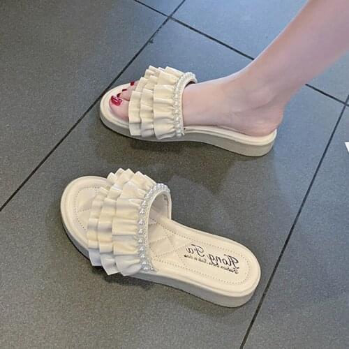 Casual Fashion Ruffled Pearl Exquisite Ladies Slippers Summer Trend Flat Comfortable Non-Slip Beach Shoes For Outer Wear