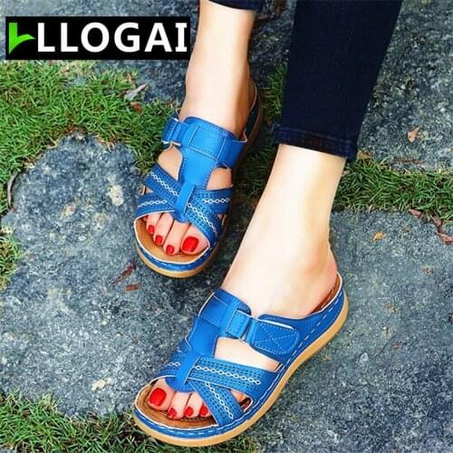 Women Wedge Sandals 2021 Summer Vintage Anti-slip Leather Casual Female Platform Retro Shoes Premium Orthopedic Open Toe Sandals