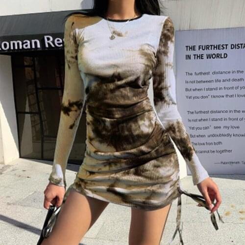 Sexy Women Slim Bodycon Dress Spring Autumn Long Sleeve Tie-dye Print Dresses Girls O-neck Mini Dresses Clubwear