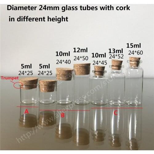 500 x Diameter 24mm Tubes, 5ml 10ml 12ml 13ml 15mlSmall Clear Glass Tube with Cork Stopper Mini Empty Glass Container Vials
