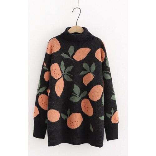Women Casual Sweaters Winter Warm Turtlecneck Sweet Jumpers Warm Pull Knitwear Oversized Sweater Fruit Sweaters