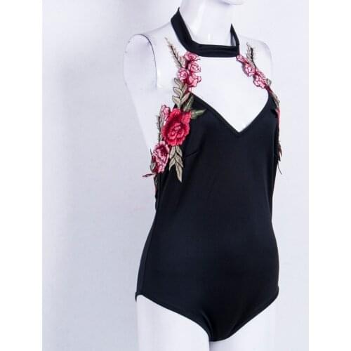 Women Embroidery V Neck Jumpsuit Sexy Black Halter Bodycon Sleeveless Bodysuit Backless Jumpsuit Romper Clubwear
