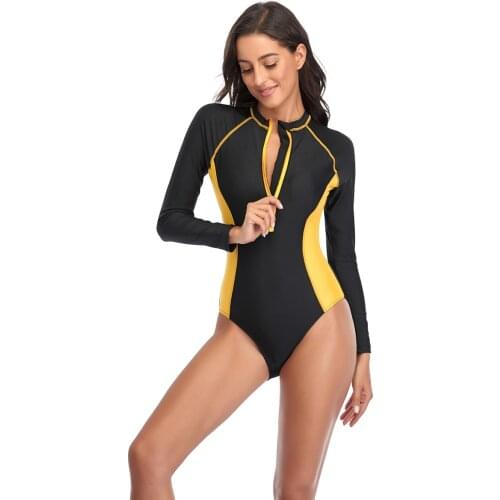 Women One Piece Long Sleeve Front Zip Swimsuit Two Color Stitching Rash Guard UV Protection Surfing Swimwear Bathing Suit Bikini