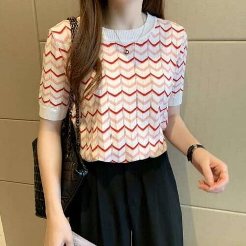 Wavy Knitted Top Womens Short Sleeve 2021 Spring And Summer New Ice Loose Stripe Thin T-shirt