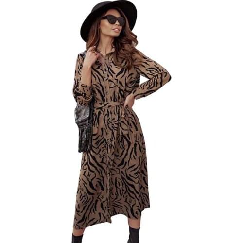 Women Long Sleeve Print Bohemian Dress 2021 New Polo Collar Bandage Midi Dresses Elegant Casual Femme Boho Beachdress