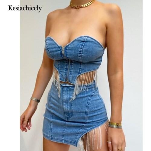 Kesiachiccly Sexy summer diamonds tassel denim dress High street fashion off shoulder women dress Sexy zipper party dress 2021