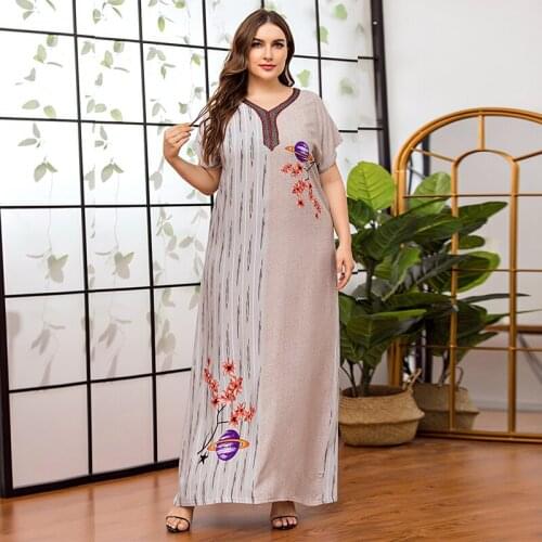 DOIB Digital Print Dress Women Plus Size Short Sleeve V Neck Loose Casual Dubai Muslim Maxi Long Large Size Dress