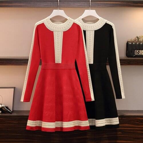 4XL plus size women elegant vintage Patchwork thick sweater dress autumn winter 2021 long sleeve o neck kintting warm dresses