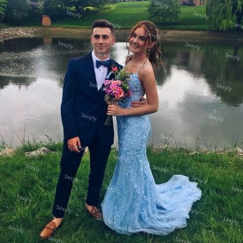 Sexy Blue Mermaid Prom Dresses Plus Size 2021 Cross Back Lace Beaded Graudtion Formal Evening Dress Night Gown robe femme soiree