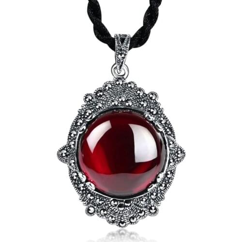 JIASHUNTAI 925 Sterling Silver Gemstone Garnet Pendant Necklaces Vintage Thai Silver Jewelry For Women Gift