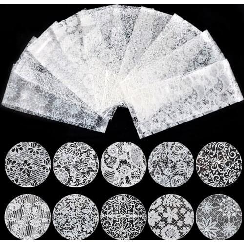 10Pcs White Black Lace Nail Art Foils Set Top Floral CharmNail Transfer Sticker Paper DIY Manicure Nail Decoration Accessories