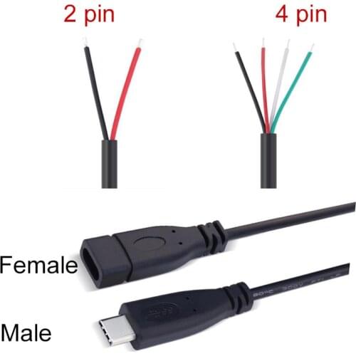 1pcs/5pcs 25cm USB 2.0 Type-C Power Supply Extension Wire Cable Charger Connector Male Female Plug 2-pin 4-pin Data Line U26