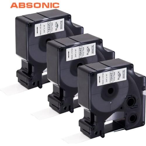 Absonic 3PCS 19mm IND Vinyl Label DYMO Rhino 18445 Black on White Label Tapes Industrial Cartridge For Rhino 4200 5200 Printer
