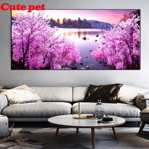 5D Diy Diamond Painting Pink tree Lake view Diamond Embroidery Cross Stitch Full Square Home Mosaic landscape large Decoration