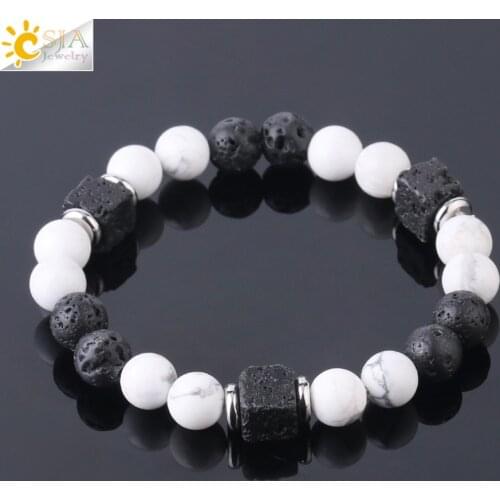 CSJA White Black Couple Bracelet Howlite Natural Lava Beads Elastic Bangle Friendship Bracelets Handmade Women Men Pulseras F900