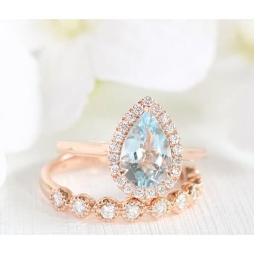 CxsJeremy Solid 14K Rose Gold Aquamarine Bridal Set 6*9mm Pear Shape and Moissanite Engagement Ring Woman Wedding Party Gift