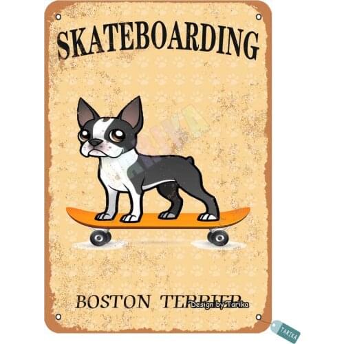 Duoduo Skateboarding Boston Terrier Retro Vintage Country Tin Sign Bar Cafe Art Bar Decoration Living Room Bedroom Office
