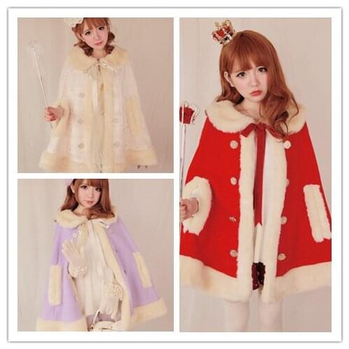Princess Elegant Womens Winter Wool Blend Cape Coat Faux Fur Collar & Trim Soft Cute Bow Lolita Outwear Flower Button 3Colors