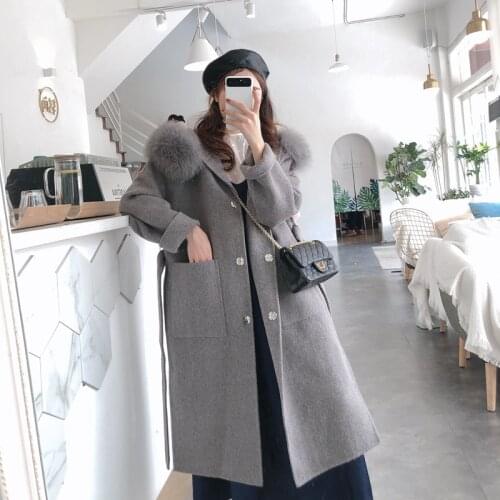 Best Selling Women Winter Warm Coat Jacket Cashmere Blended Wool Coats with Real Fox Fur Hood Collar