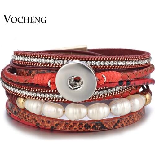 Leather Bracelet Vocheng Ginger Snap Jewelry Multilayer Long with Pearl Crystal Magnet Clasp Fit 18mm Button 3 Colors NN-602