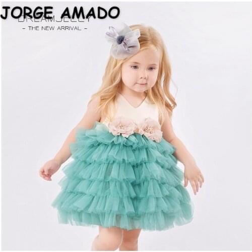 2021 Summer New Baby Girls Dress Sleeveless Flower Green Tulle Cake Skirt Flower Girl Party Dress Girl Clothes E1002