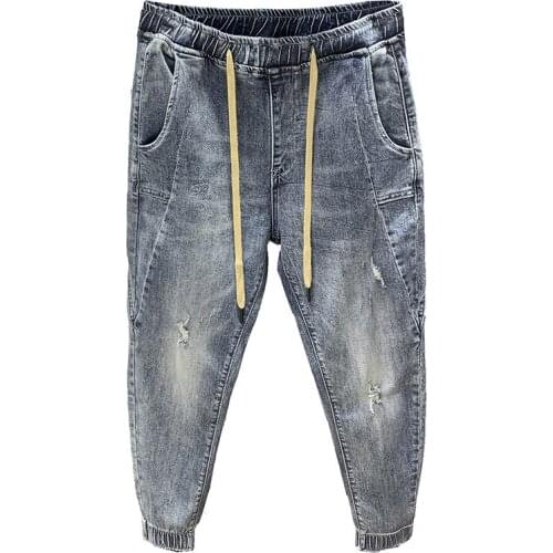 Summer 2021 Drawstring mens denim jeans pants handsome trousers trendy brand feet harem pants broken pencil pants thin holes