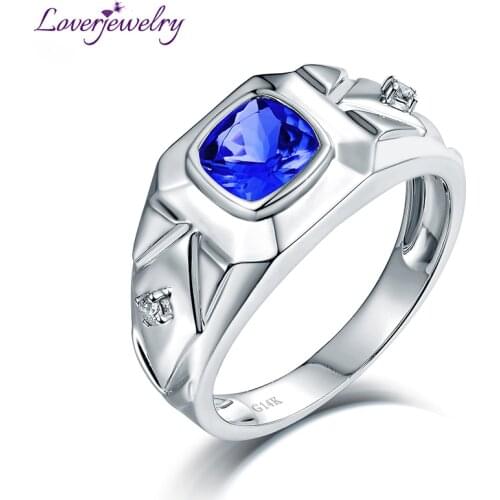 LOVERJEWELRY Man Ring Solid 14Kt White Gold Natural Diamond Genuine Tanzanite Mens Rings Cushion Shape Husband Anniversary Gift