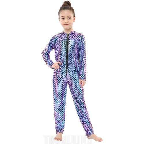 Fashion Girls One Piece Fish Skin Printing Spandex Cosplay Costume Childrens Overalls Halloween Kids Mermaid Costumes Overalls