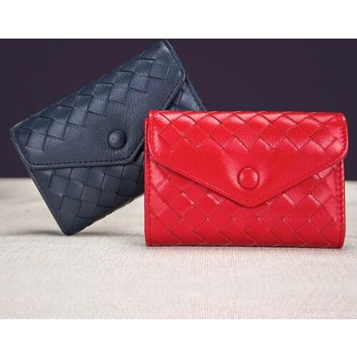 Fashion Women Genuine Leather Sheepskin Woven Card Holder Mini Envelope Organ Cardholder Coin Purse Men Porte Carte