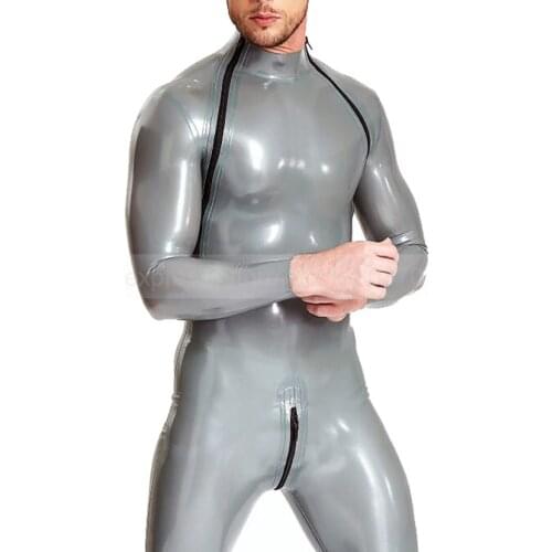 Natural Latex Rubber Men Catsuit Shoulder And Crotch Zipper Neck Entry Jumpsuit Handmade S-LCM185