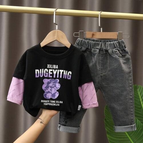2021 Autumn New Boy And Girl Suit Spring Baby Long-sleeved Fake Two-piece + Jeans 2Pcs Childrens Clothing