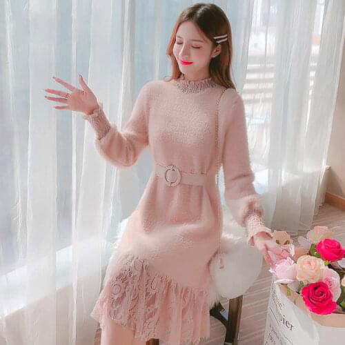 Autumn Winter Midi Long Dress Women Turtleneck Korean Style Sweater Pullovers Lace Patchwork Long Sleeve with Belt Slim 2020 New