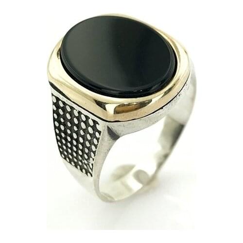 Oval Case Simple Elegant Black Onyx Stone Sterling Silver Mens Ring