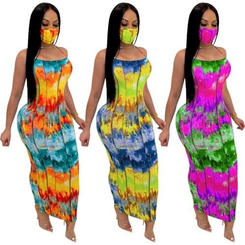 Cutubly Bandage Dress Backless Club Dress Sleeveless Tie-Dye Print Maxi Dresses for Women With Mask 2020 Summer Long Dresses