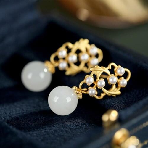 S925 Sterling Silver round Beads Stud Earrings Natural Hetian Jade Pearl Earrings Personality European and American Fashion Simp