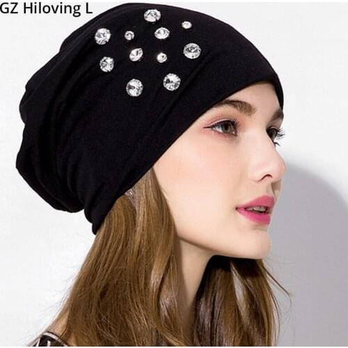 GZHilovingL 2018 Women Casual Cotton Slouchy Skullies Beanies Mulher Hip Hop Solid Black Color Beanie Hat Rhinestone For Ladies