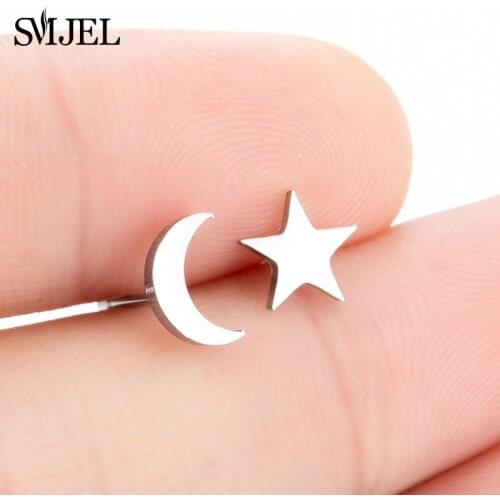 SMJEL Korean Sweet Small Star Earrings Stainless Steel Stud Earings Moon Female Simple Minimalist Jewelry Accessories Brincos